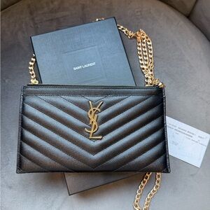 Yves Saint Laurent Black Chevron Crossbody with Gold Accents